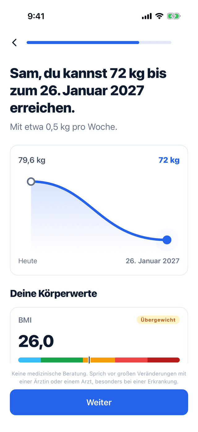 Ein Plan in Bemivo: 72 kg bis zum 26. Januar 2027, mit etwa 0,5 kg pro Woche, darunter die Körperwerte mit einem BMI von 26,0.