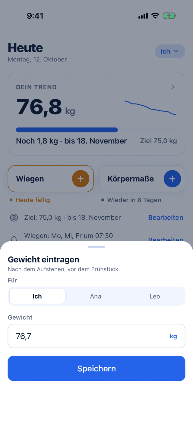 Gewicht eintragen in Bemivo, mit der Auswahl zwischen Ich, Ana und Leo und 76,7 kg im Feld.