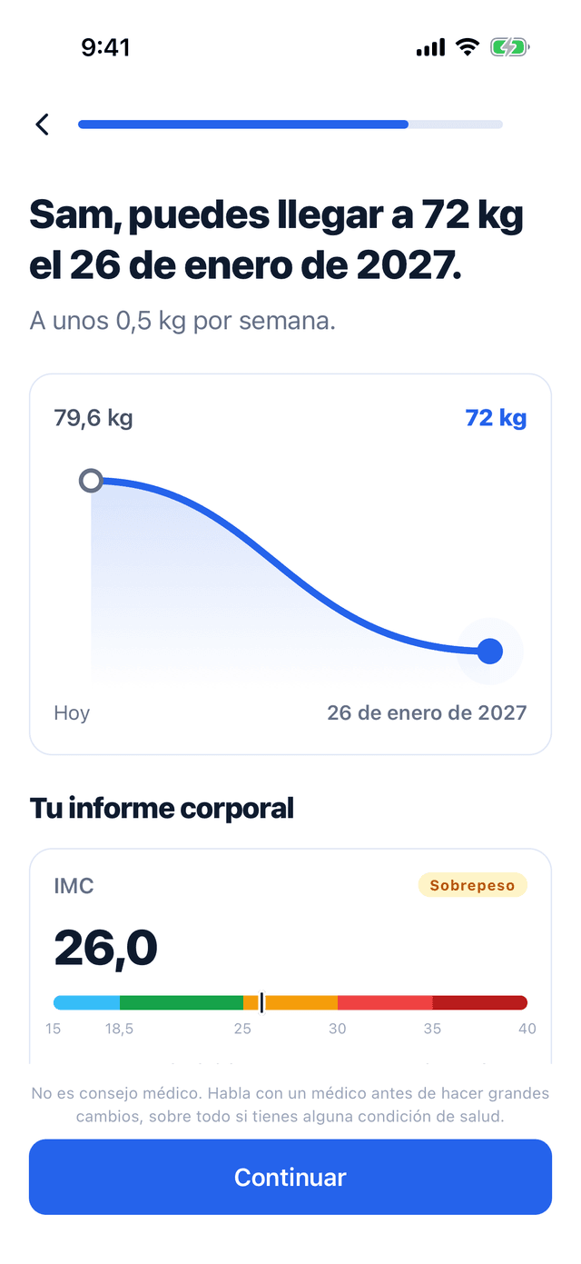 Un plan en Bemivo: Sam puede llegar a 72 kg el 26 de enero de 2027, a unos 0,5 kg por semana desde 79,6 kg, con su informe corporal debajo.