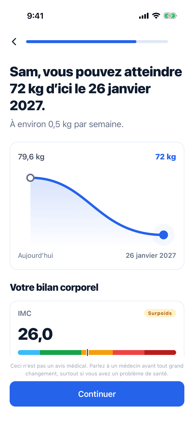 Un plan dans Bemivo : atteindre 72 kg d’ici le 26 janvier 2027, à environ 0,5 kg par semaine en partant de 79,6 kg, avec le bilan corporel en dessous.