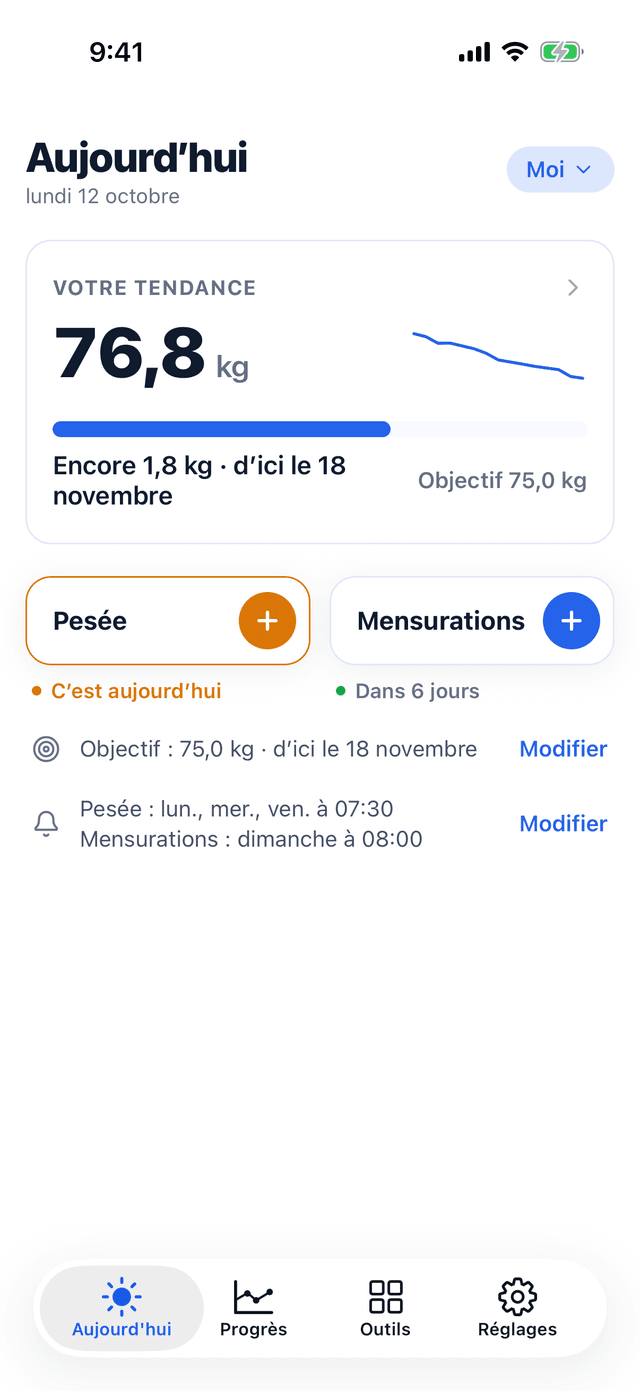 L’écran Aujourd’hui de Bemivo : une tendance de 76,8 kg, encore 1,8 kg d’ici le 18 novembre pour l’objectif de 75,0 kg, et les boutons Pesée et Mensurations.