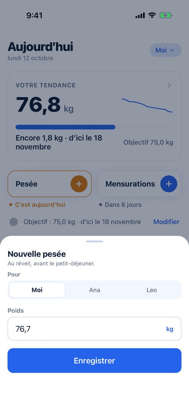 La saisie d’une nouvelle pesée, 76,7 kg, avec le choix entre Moi, Ana et Leo.