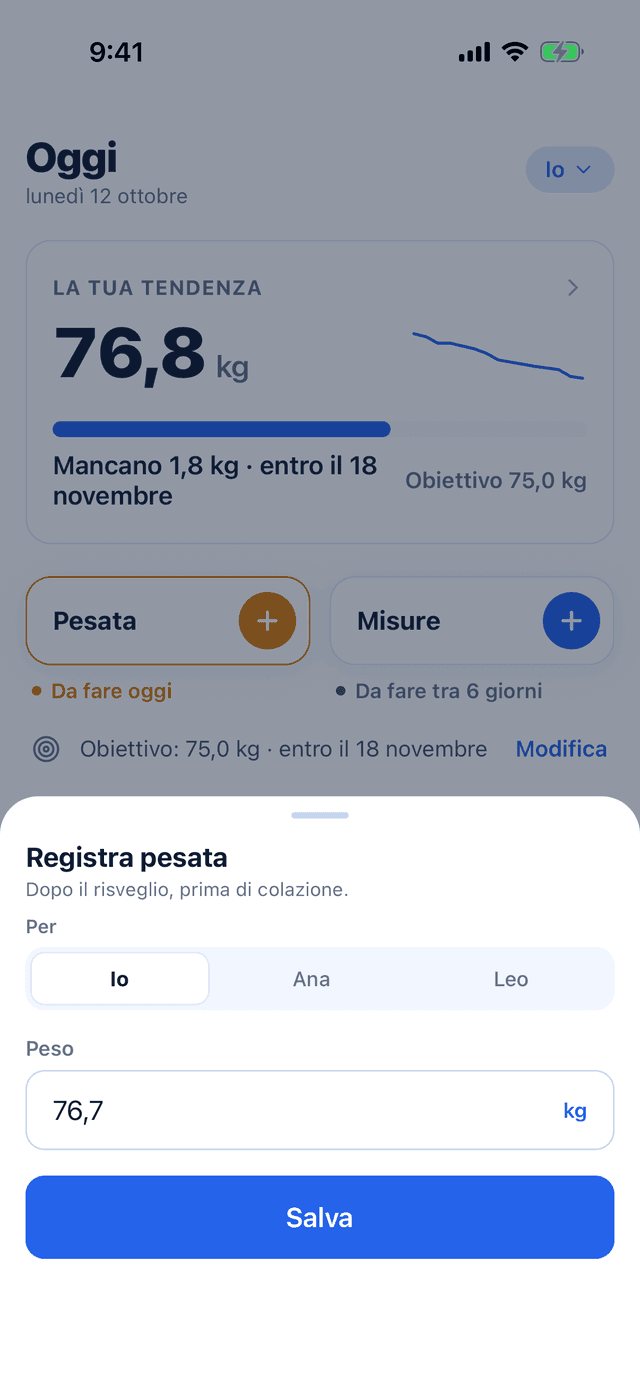 La registrazione di una pesata da 76,7 kg, con la scelta tra Io, Ana e Leo.