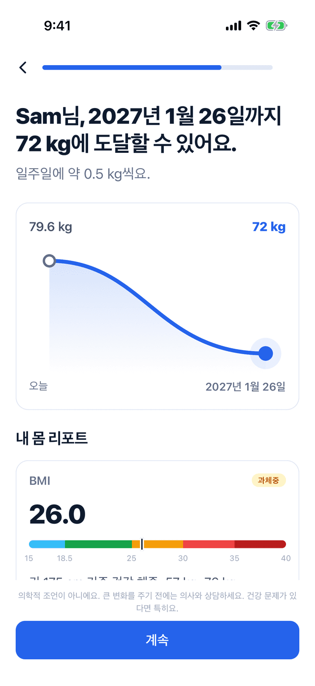 Bemivo의 플랜: 일주일에 약 0.5 kg씩, 2027년 1월 26일까지 72 kg에 도달할 수 있다는 예상과 79.6 kg에서 72 kg으로 내려가는 곡선, 그 아래 BMI 26.0이 보이는 내 몸 리포트.