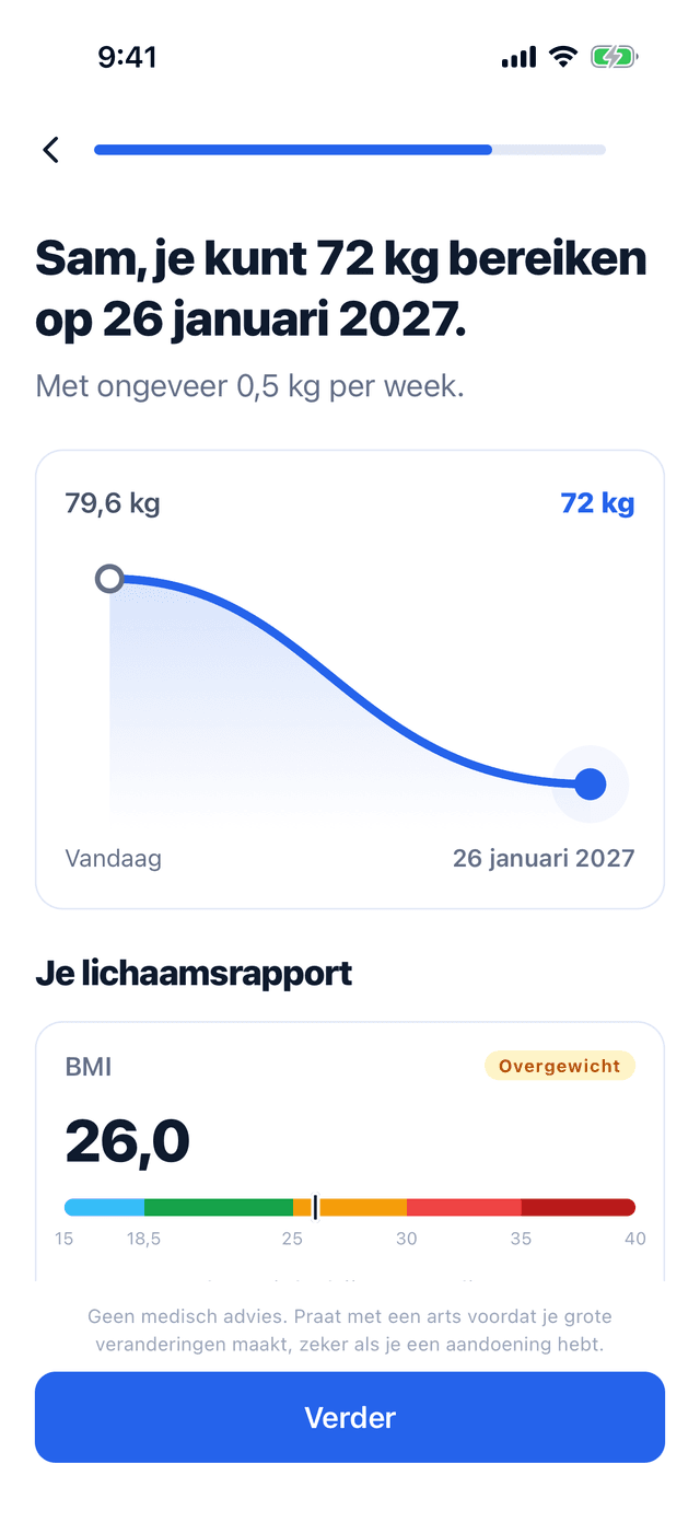 Een plan in Bemivo: Sam kan 72 kg bereiken op 26 januari 2027, met ongeveer 0,5 kg per week vanaf 79,6 kg, en eronder het lichaamsrapport.