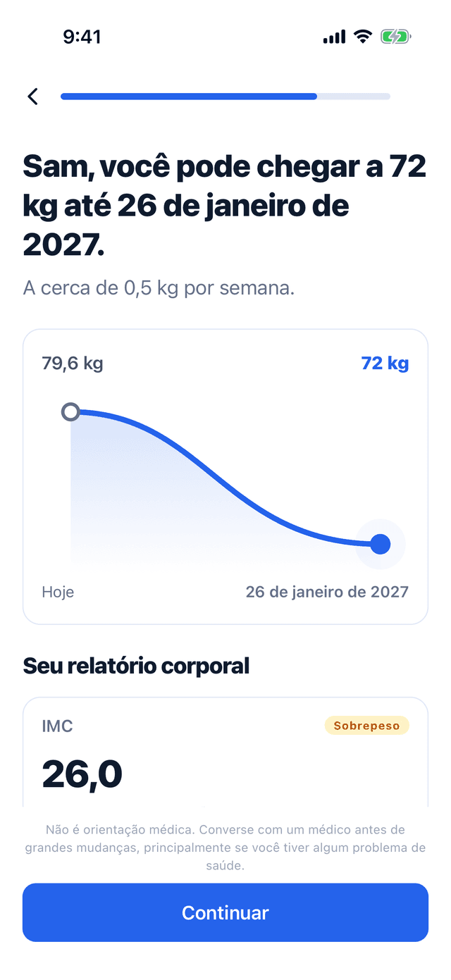 Um plano no Bemivo: chegar a 72 kg até 26 de janeiro de 2027, a cerca de 0,5 kg por semana, com o relatório corporal abaixo, que começa pelo IMC de 26,0.